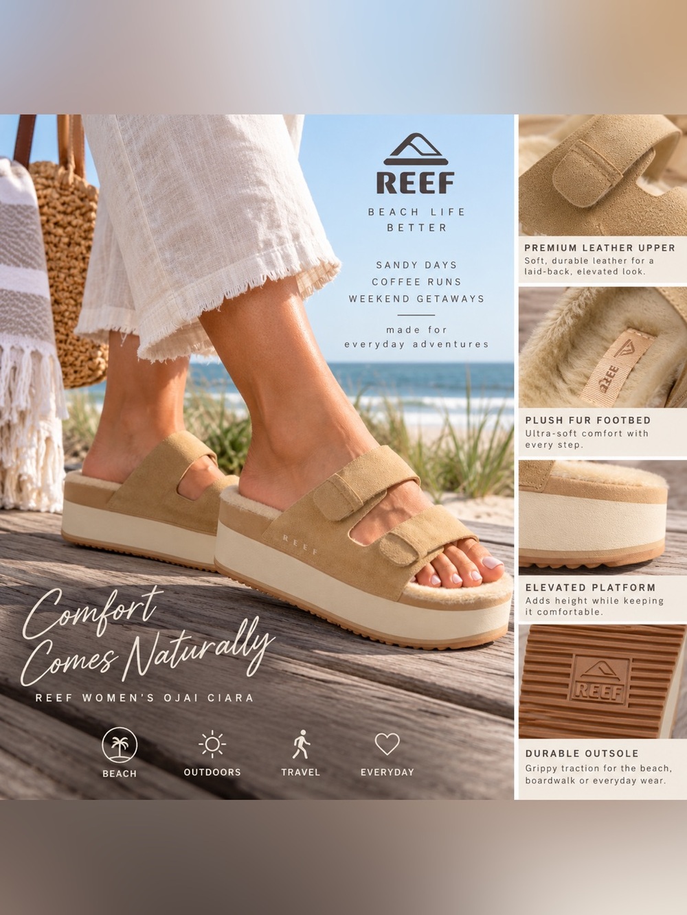 REEF Ojai Ciara Womenโs Platform Sandals Tan Leather Faux Fur Size 8 NIB